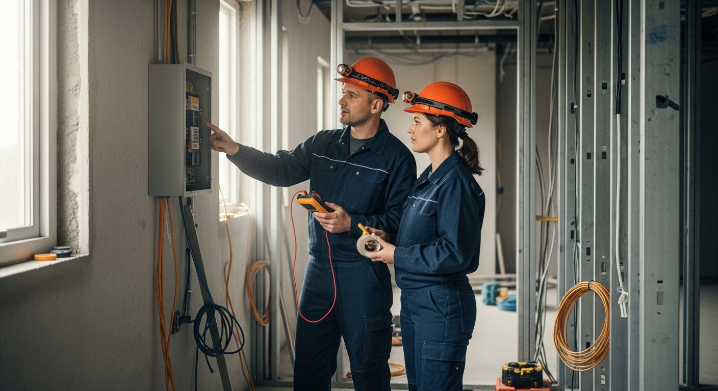 Newtech Electrical Ltd electricians standing outside a residential property in Garforth, Leeds
