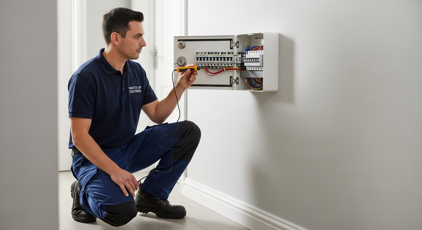 Professional electrician installing a consumer unit fuse box in a modern Garforth home